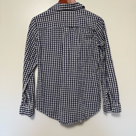Kut From The Kloth Feena ButtonUp Roll Tab Textured Gingham Top Size M Navy Blue - Picture 4 of 13